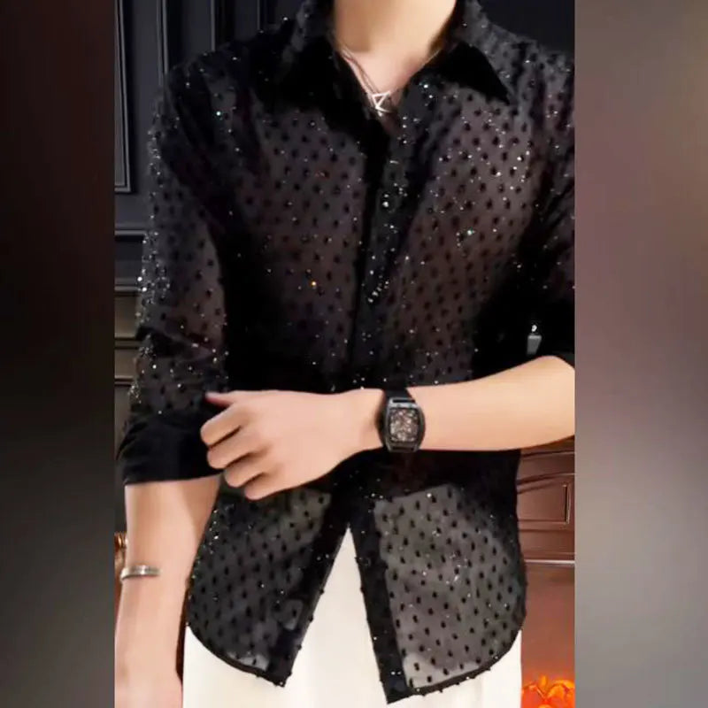 Fall Vintage Fashion Black Dress Shirt Man Shirt Men's Hollow Mesh Lace Long Sleeve Loose Casual Shirts Male Streetwear voguable