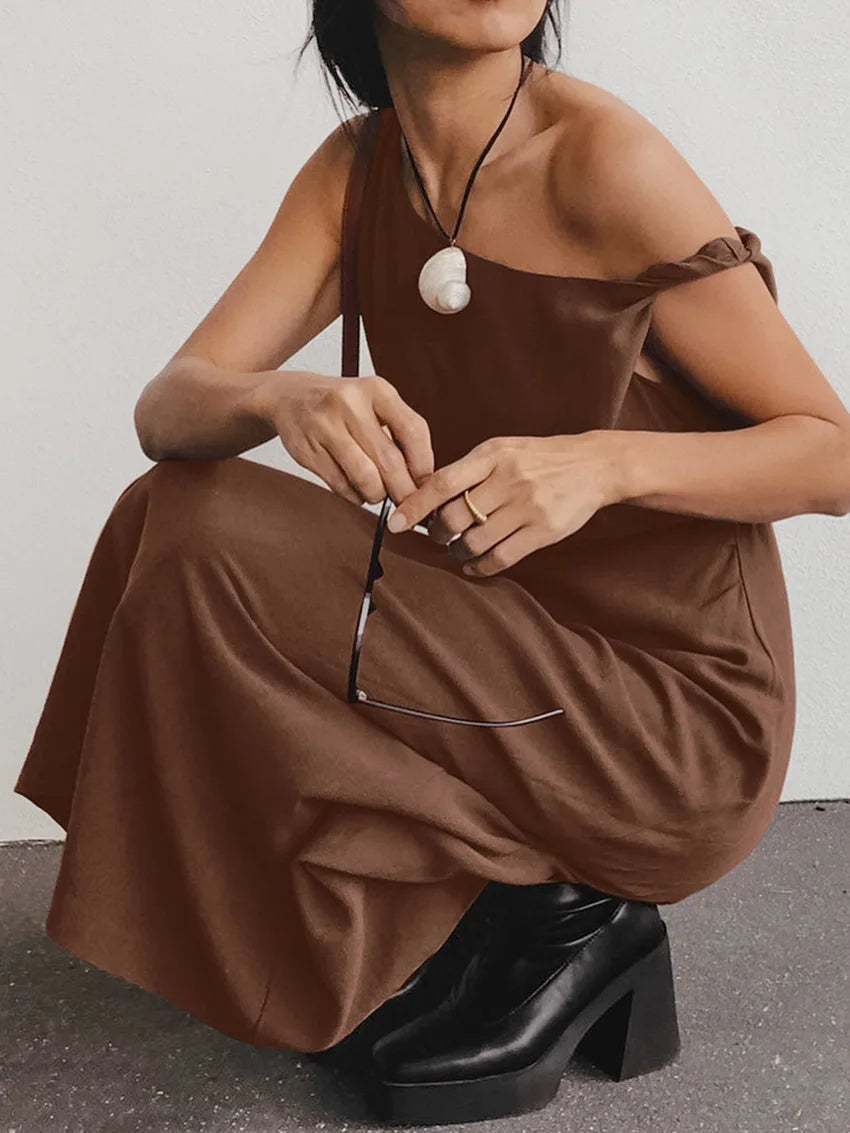 Slanted Shoulder Fashion Long Dress 100% Cotton Sleeveless Brown Retro Women Dress 2025 New Casual Vacation Summer Dresses voguable