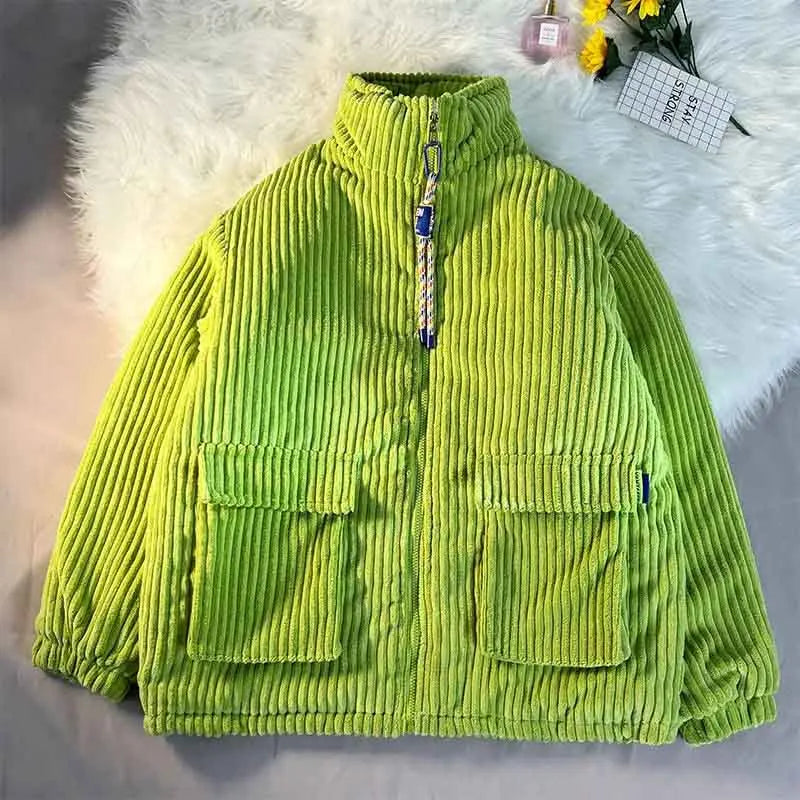 Winter Warm Corduroy Parkas Women Y2K Korean Streetwear Solid Stand Collar Puffer Jacket Bf Loose Preppy Zipper Fluffy Outwear voguable