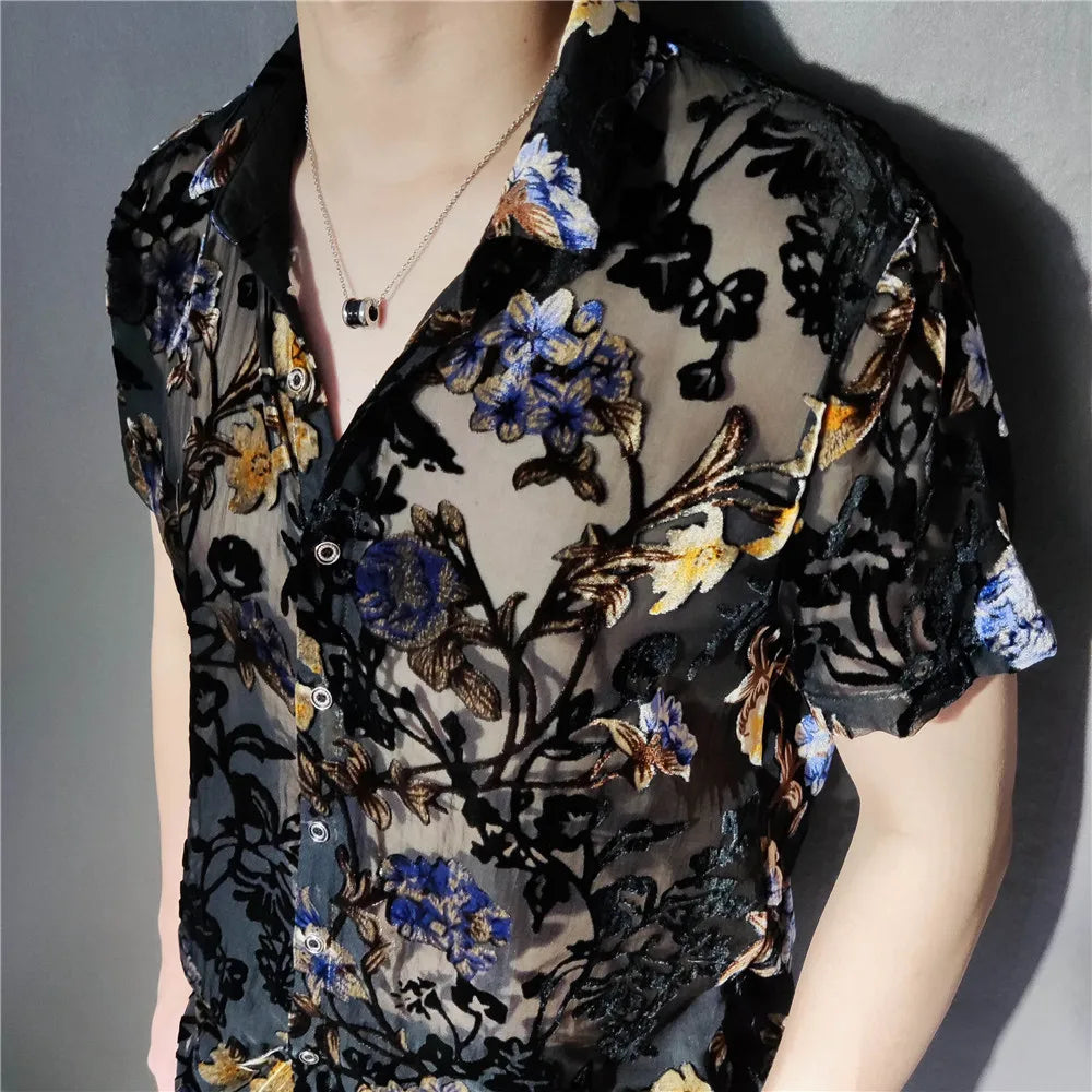 Colorful Flowers Pattern Velvet Shirt Men Transparent Short Sleeve Sexy Shirt Social Club Outfits Party Men Designer Shirt voguable