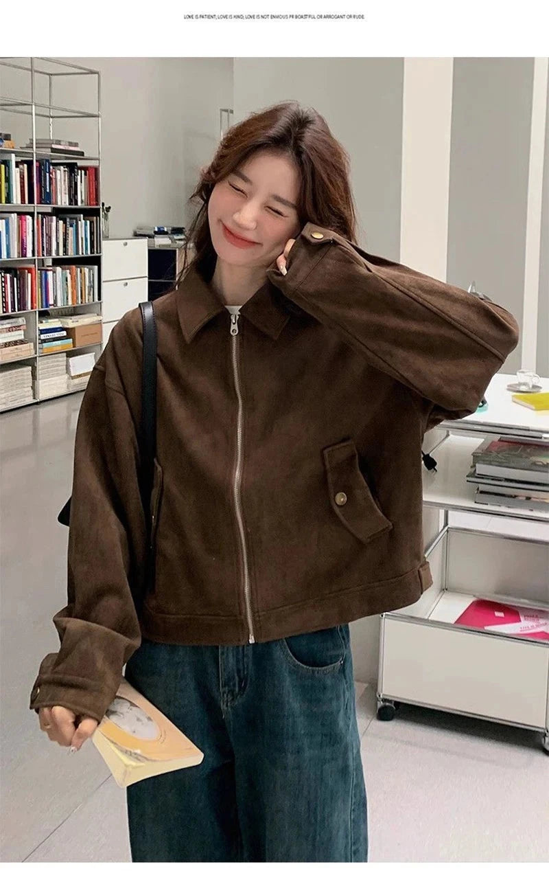 American Y2K Jacket Women Vintage Loose Faux Suede Long Sleeve Casual Coat Hip Hop Fall Winter Lady Streetwear New Outwear voguable