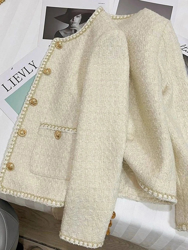 French Sweet Tweed Jacket Women O Neck Elegant Slim Long Sleeve Coat Vintage Casual Single Breasted Female Fall Winter Tops voguable