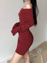 Red Slash Neck Slim Sweater Dress mysite