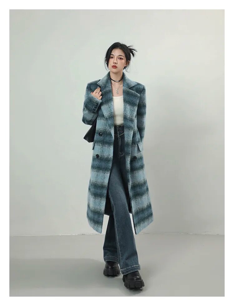Autumn Winter Long Warm Colorful Blue Plaid Woolen Coats for Women Shoulder Pads Double Breasted Korean Fashion voguable