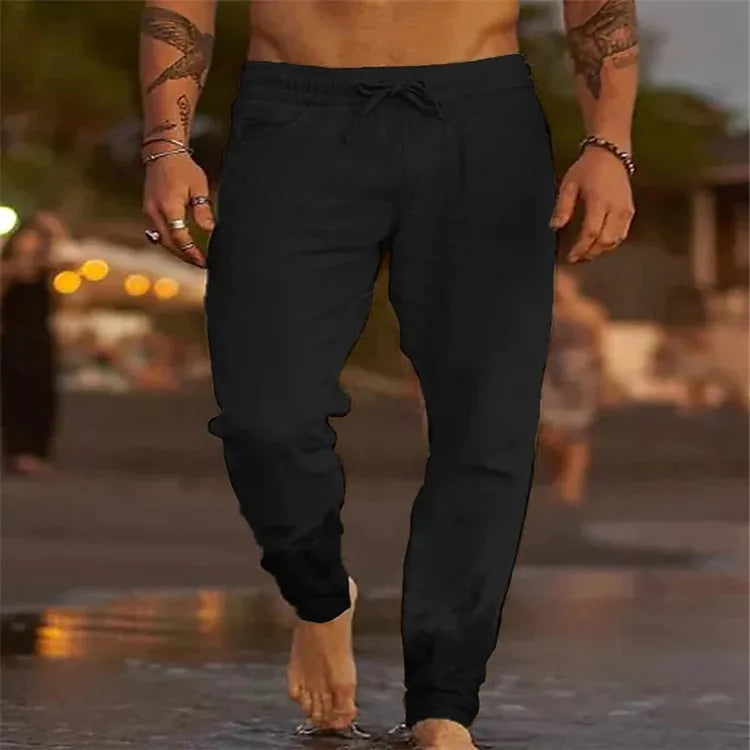 Voguable  European and American Cross-border New Men's Solid Color Drawstring Linen Loose Casual Pants voguable
