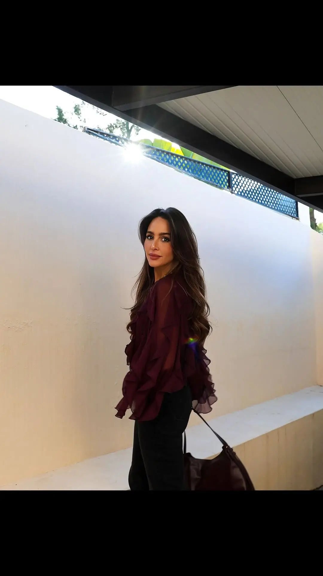 New Women Sexy Semi-sheer Ruffle Shirt Long Sleeve V Neck Front Button Spring Blouse Burgundy Blusas Mujer voguable