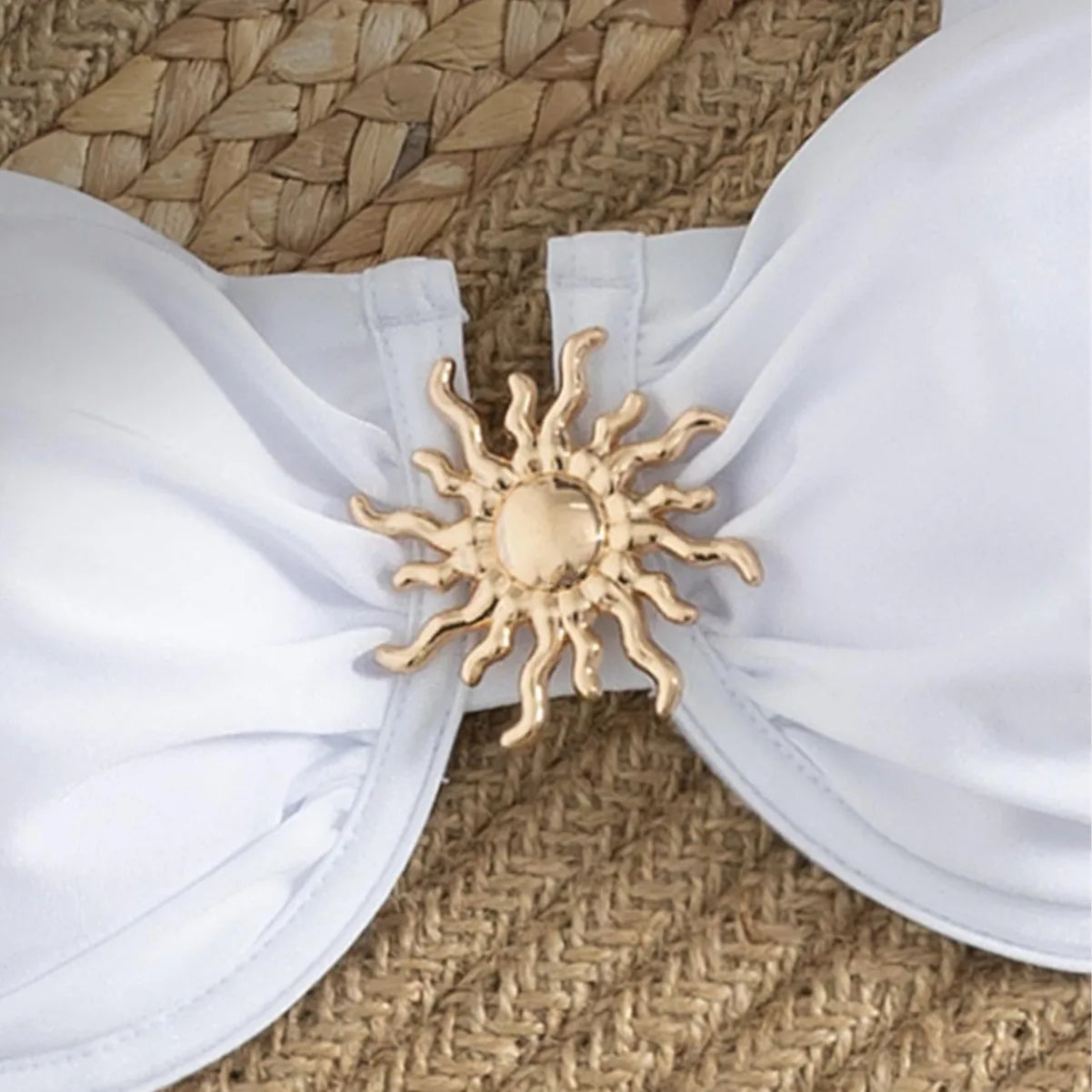 Voguable  Women Solid White 3 Piece Bikini Set Underwire Gold Buckle Wide Strap Side Tie Ruffle High Waist Mini Skirt Beach Swimwear voguable