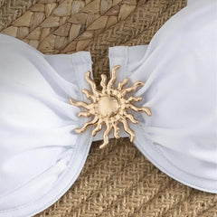 Voguable  Women Solid White 3 Piece Bikini Set Underwire Gold Buckle Wide Strap Side Tie Ruffle High Waist Mini Skirt Beach Swimwear voguable