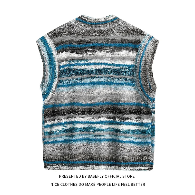Autumn Winter Rainbow Stripe High Street Men Sweater Vest Shirt Unisex Couple Women Zip-up Cardigan Casual Hip Hop Retro Vintage voguable