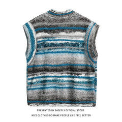 Autumn Winter Rainbow Stripe High Street Men Sweater Vest Shirt Unisex Couple Women Zip-up Cardigan Casual Hip Hop Retro Vintage voguable