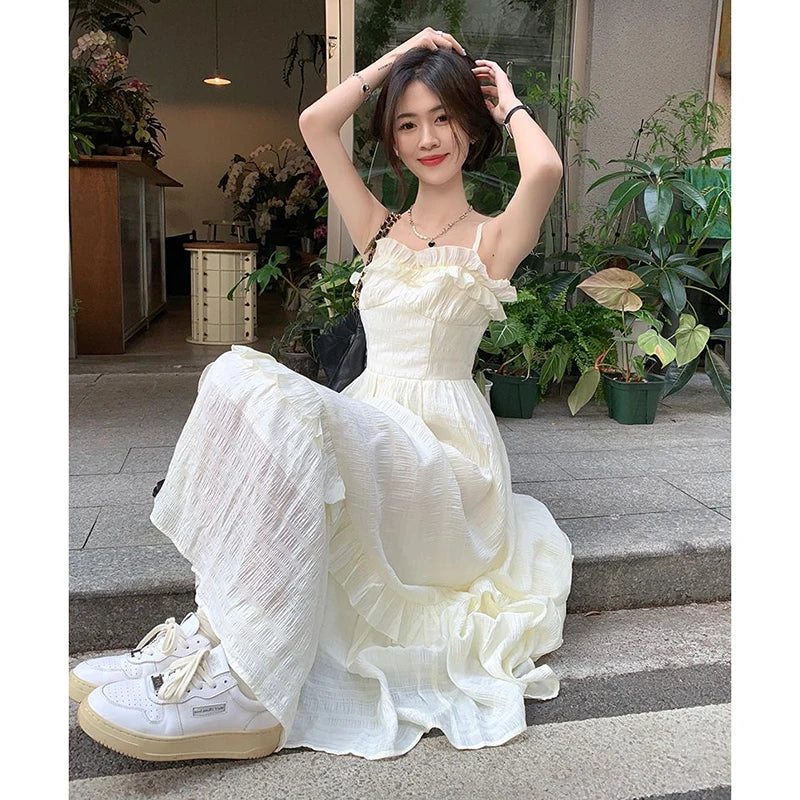 Vintage Ruffle Dress Women Korean Solid Sweet Elegant Preppy Midi Dress Summer Casual Sleeveless Spaghetti Straps A Line Dress voguable