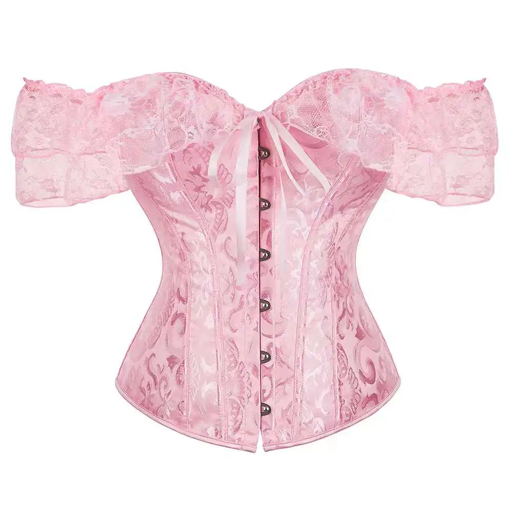 Voguable Womens Bustier Overbust Corselet Lace Up Short Sleeve Sheer Corset Bluse Costume Crop Top voguable