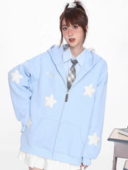 Stars Print Women Hoodies Vintage Cute Preppy Style Long Sleeve Sweatshirts American Retro Letter Loose Design Female Tops voguable