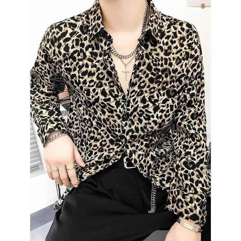 Voguable  Leopard Print Men's Loose Premium Iron-Free Fashion Vintage Long Sleeve Printed Shirt voguable