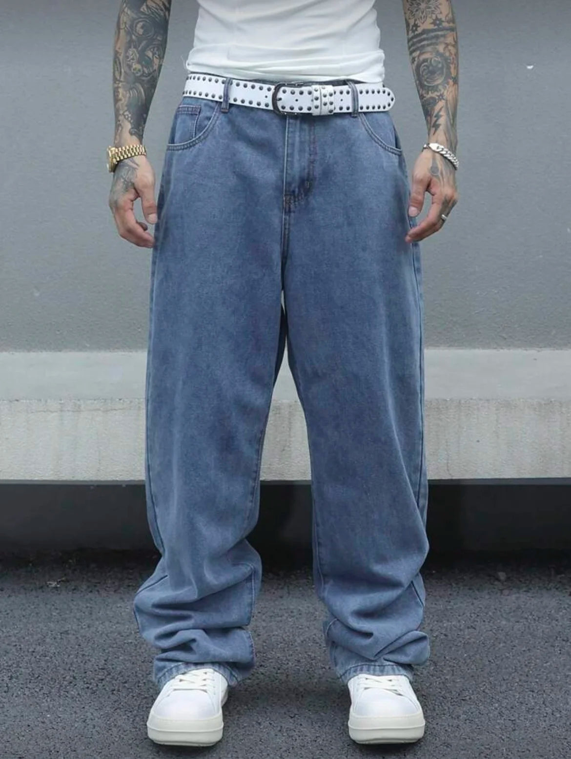 Voguable  Men's Vintage Loose-Fit Washed Blue Jeans, Wide Leg Straight Leg Denim Pants, Casual Retro Style, Light Blue, All-Season Comfort voguable
