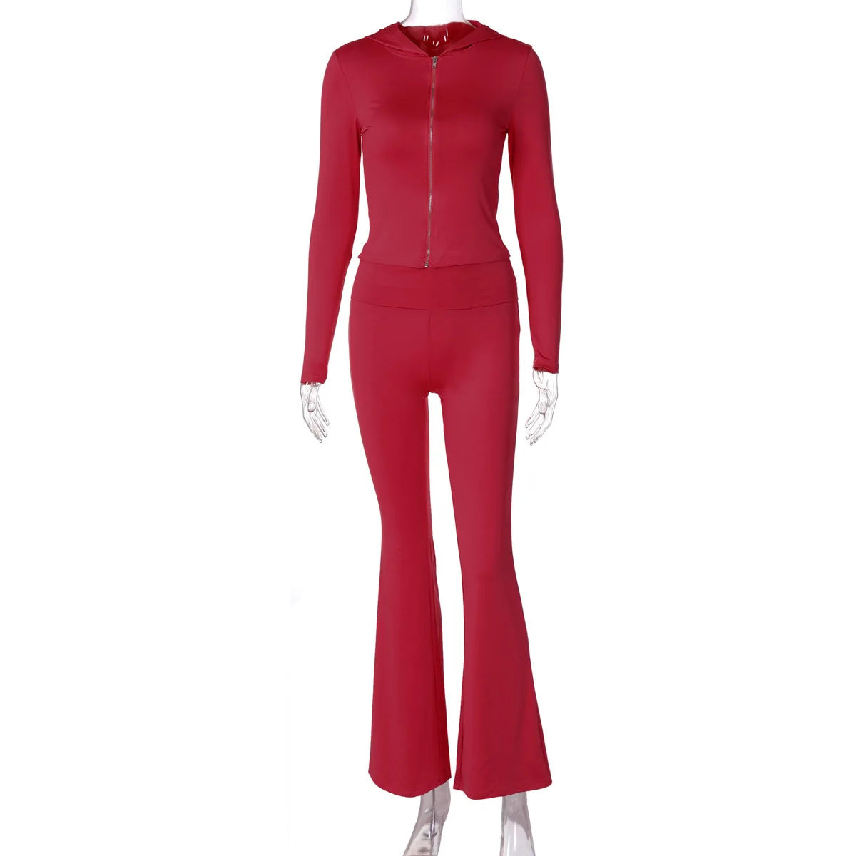 Mozision Hooded Top And Trousers Two Piece Sets Women Fashion Zipper Long Sleeve Tops And Flare Pant Female Casual Suit New voguable