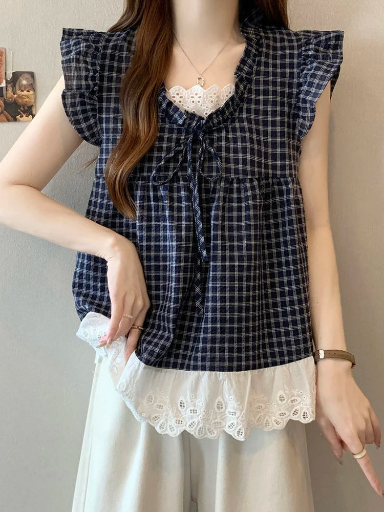 Lace Patchwork Plaid Shirt Women Casual Loose Flying Sleeve Vintage Blouse Preppy Style Sweet Korean Lady Retro Summer Tops voguable