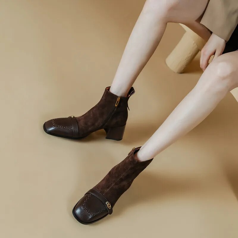 New Winter Women Boots Square Toe Chunky Heel Boots Genuine Leather Sheep Suede Leather Shoes for Women Retro Ankle Boots voguable