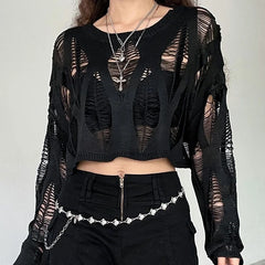 Women Hole Hollow Out Y2K T-shirts Batwing Sleeve Knitted Shirt For Women Loose Streetwear Tops Spring Autumn voguable