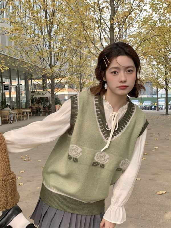 Three-piece Suit for Women Spring Matcha Green Knitted Vest Girly White Shirt Black Pleated Skirt College Style Suit Female voguable