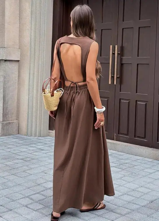 Voguable  Spring/Summer New Women's Set Solid Color Leisure Resort Style Sleeveless Backless Top Half Skirt Two Piece Set voguable