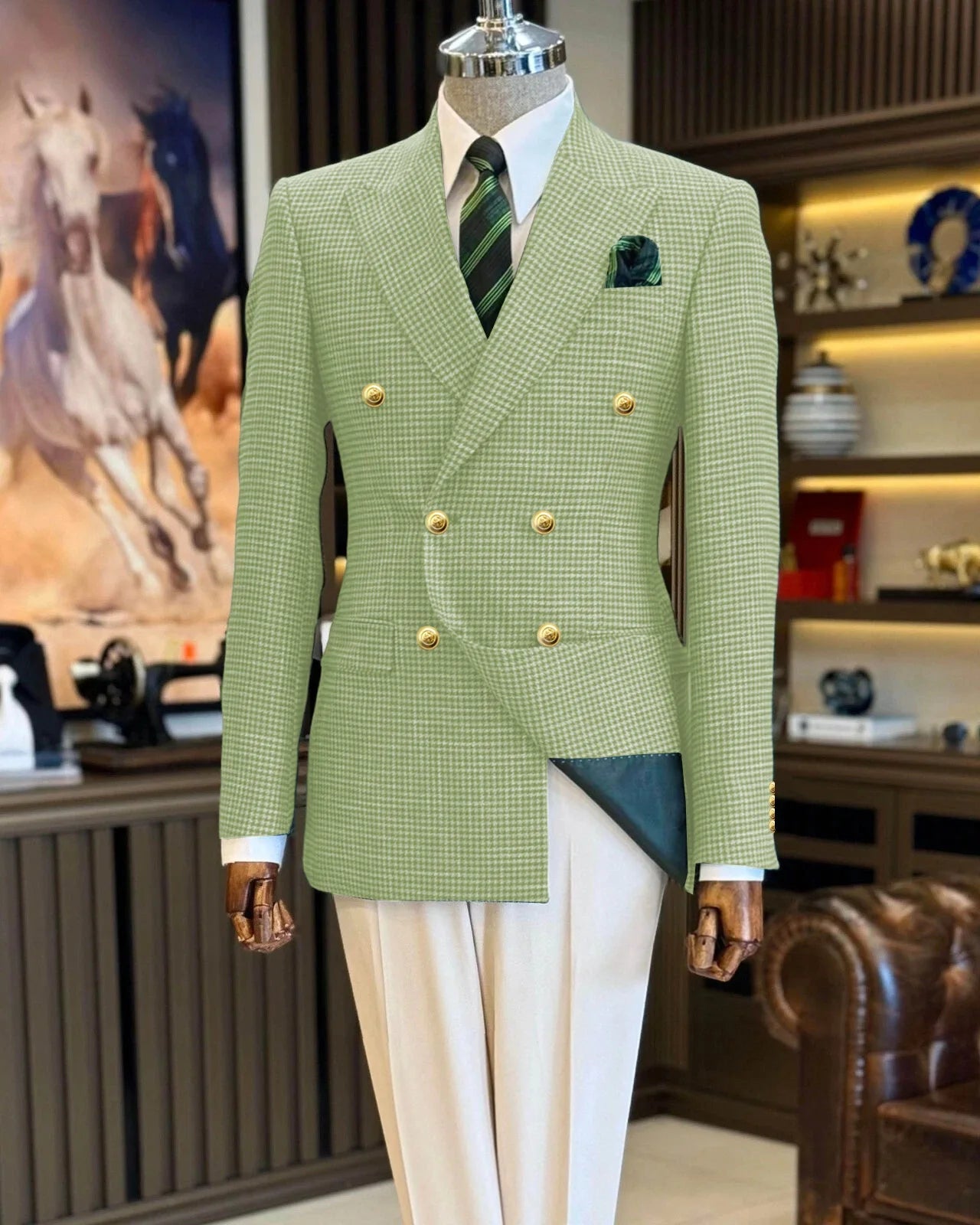 Voguable  Black Men's Suit Jacket Houndstooth Peak Lapel Double Breasted Business Regular Fit Blazer Man plus size voguable