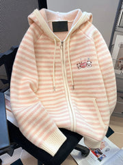 Pink Striped Sweet Cardigan Women Cute Cartoon Long Sleeve Knitted Sweaters Vintage Kawaii Preppy Style Japan Pockets Tops Coats voguable