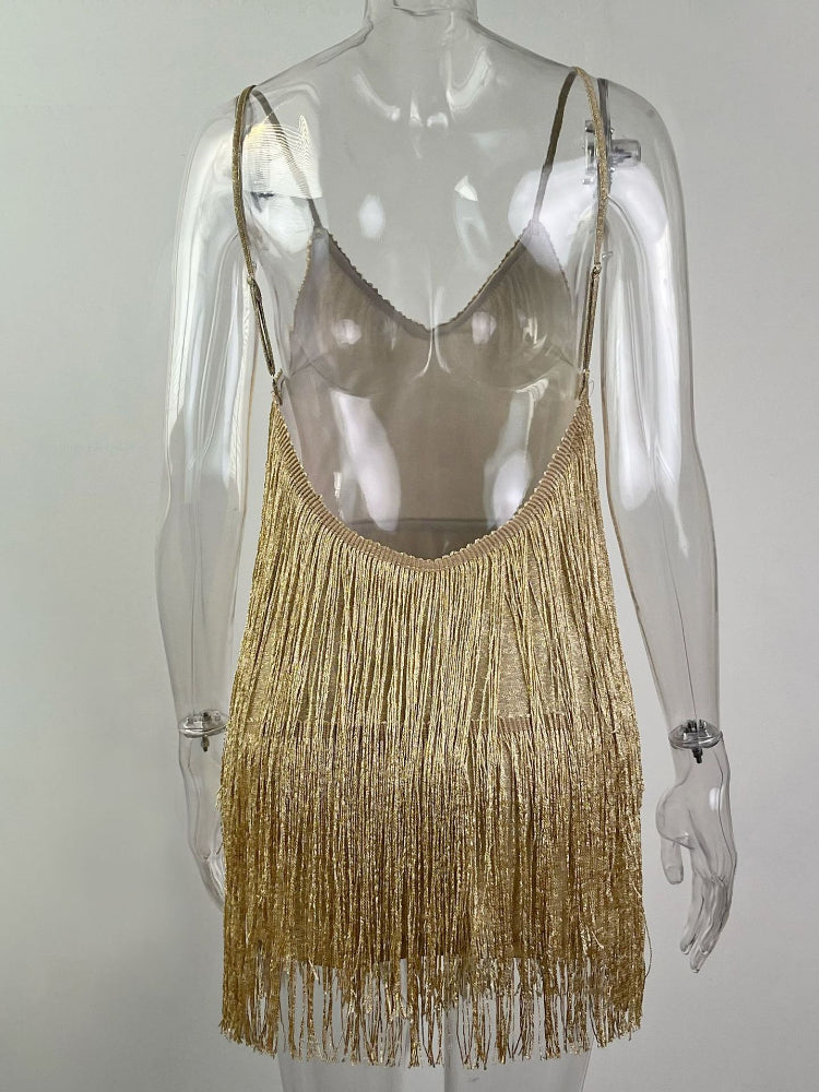 Voguable  Women Sexy Deep V-Neck Spaghetti Straps Fringe Bodycon Mini Dress Tassels Backless Gatsby Cocktail Club Party Dresses voguable