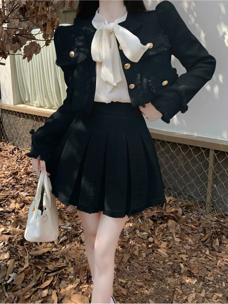 Voguable  Spring New French Vintage Tweed Two Piece Set Women Short Jacket Coat + Pleated Skirt Suits Korean Ladies Luxury Outfits voguable