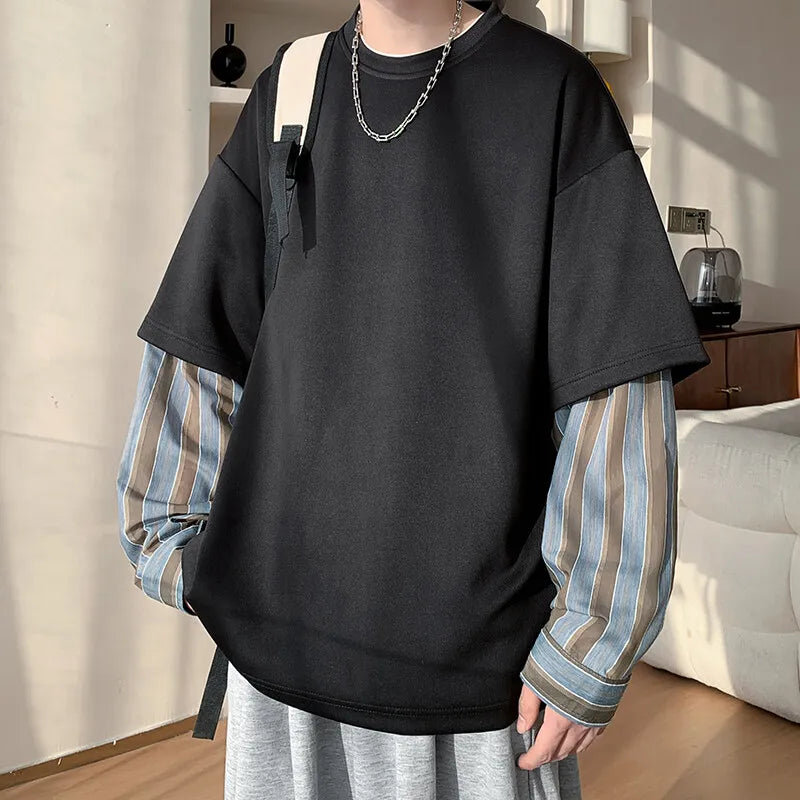 Voguable  plus Size Men's Striped Crew Neck Sweatshirt - M-XXXXXL Oversized Fit Fake Two-Piece Trendy Layered Look Long Sleeve Clothing voguable