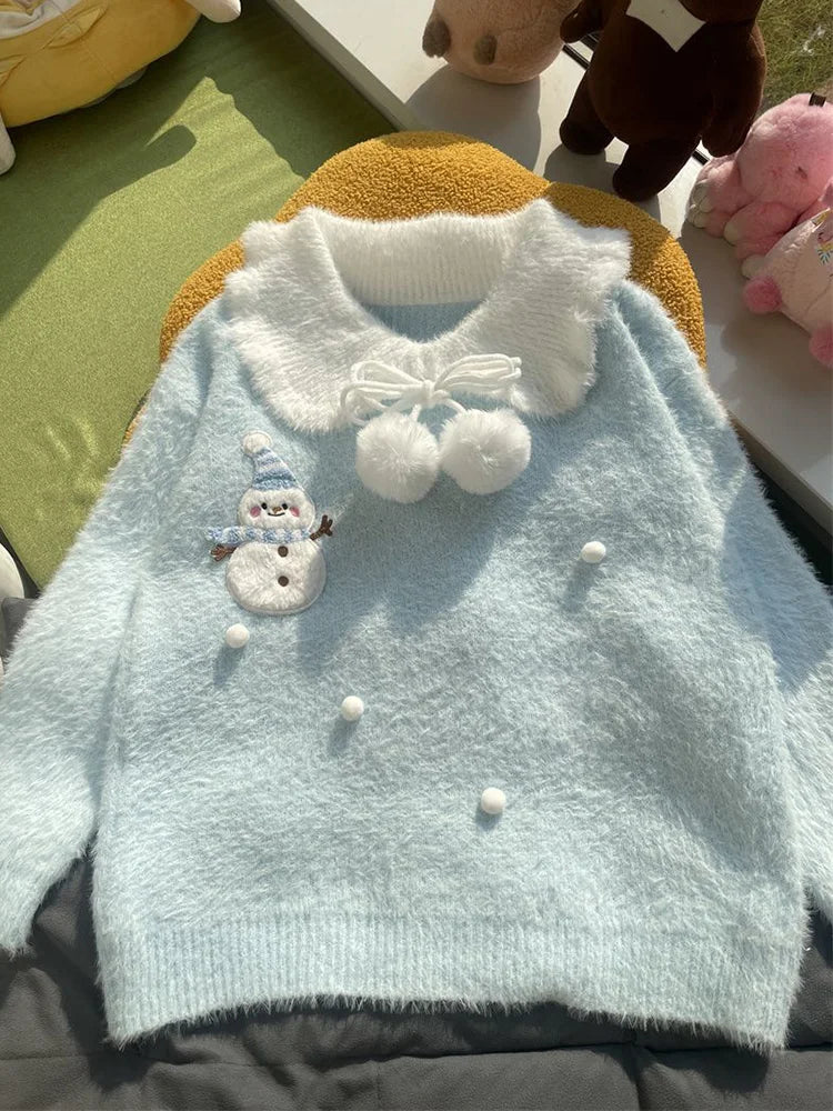 Sweet Faux Mink Cashmere Sweaters Women Kawaii Snowmen Long Sleeve Knitted Pullover Casual Cute Preppy Style Chic Loose Jumpers voguable