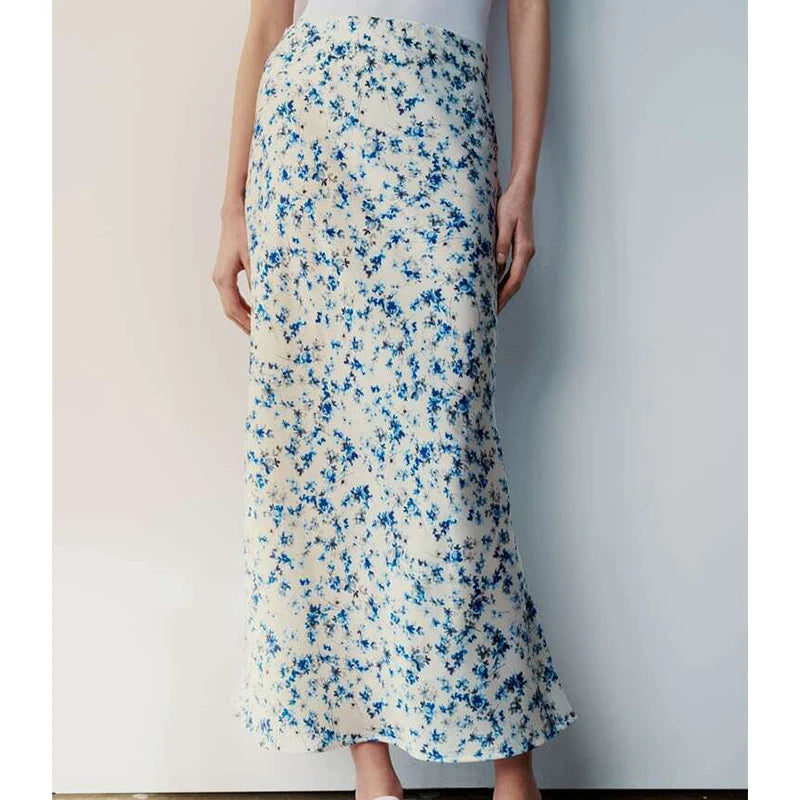 Voguable  New 2024 Women Floral Print Satin Long Skirt Vintage High Elastic Waist A-line Spring Summer voguable