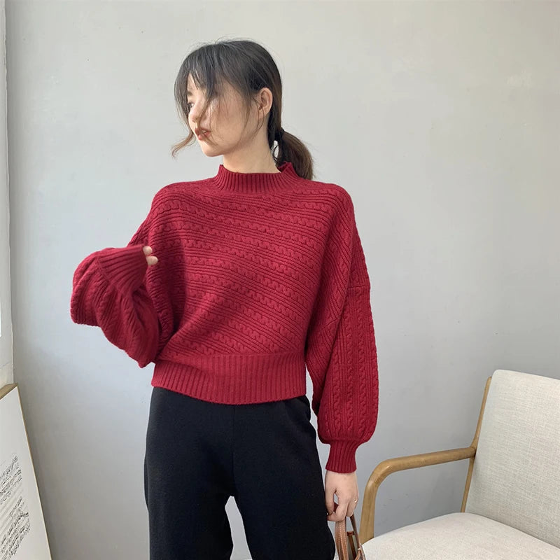 Fall Winter Thick Half Turtleneck Women Pullover Fashion Warm Lantern Sleeve Knitted Sweater Korean Loose Pure All-Match Jumper voguable