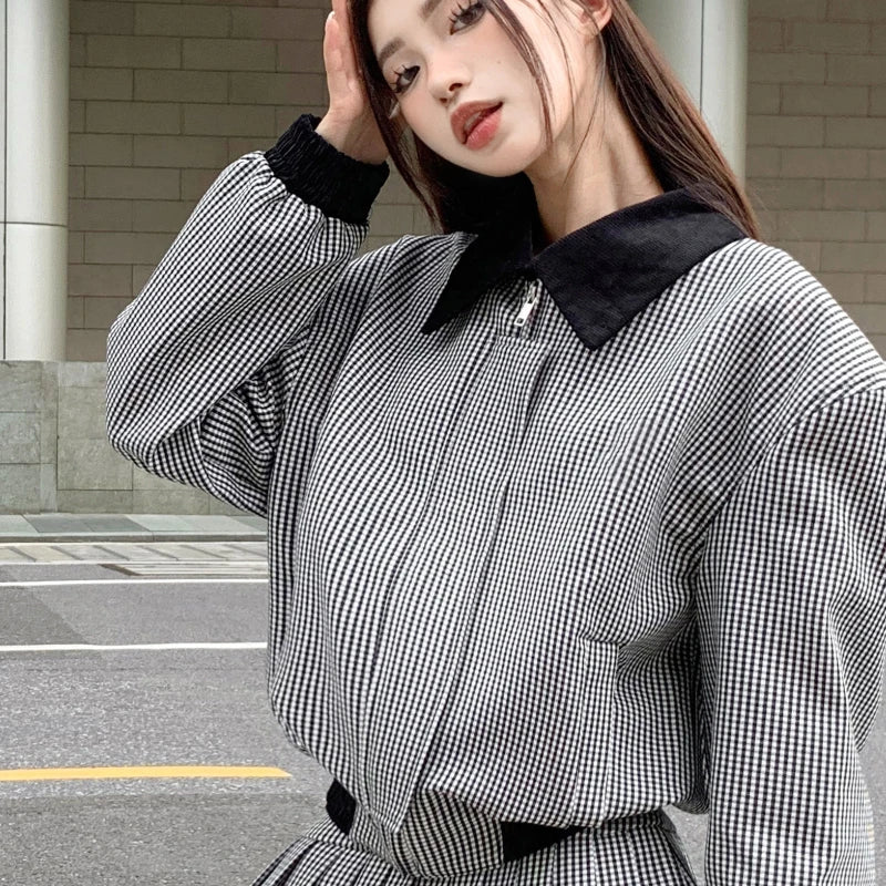 Voguable Autumn New Streetwear Contrast Color Plaid Loose Casual Long-sleeved Jacket Women + Pleated Cake Skirt Two-piece Suit voguable