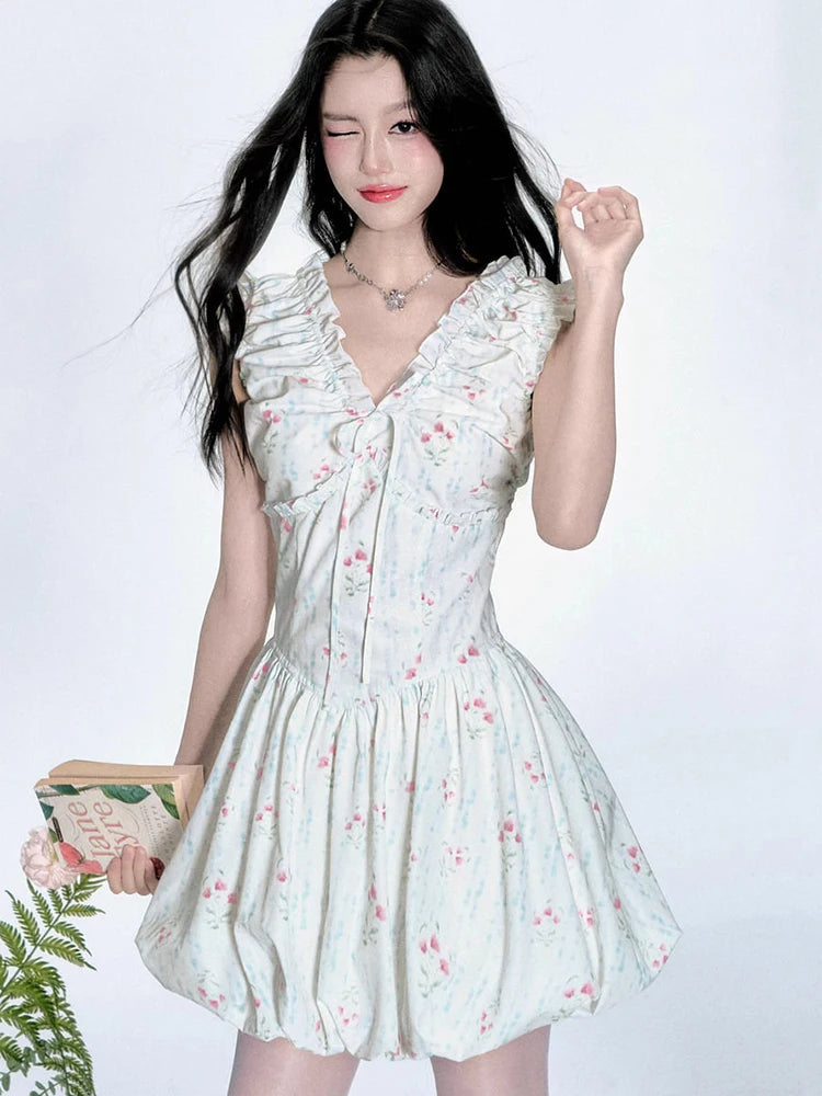 Floral V Neck Sexy Dress Women Casual Elegant Sleeveless Mini Dress Vintage Lace Up Female Korean Summer Beach Style Dress voguable