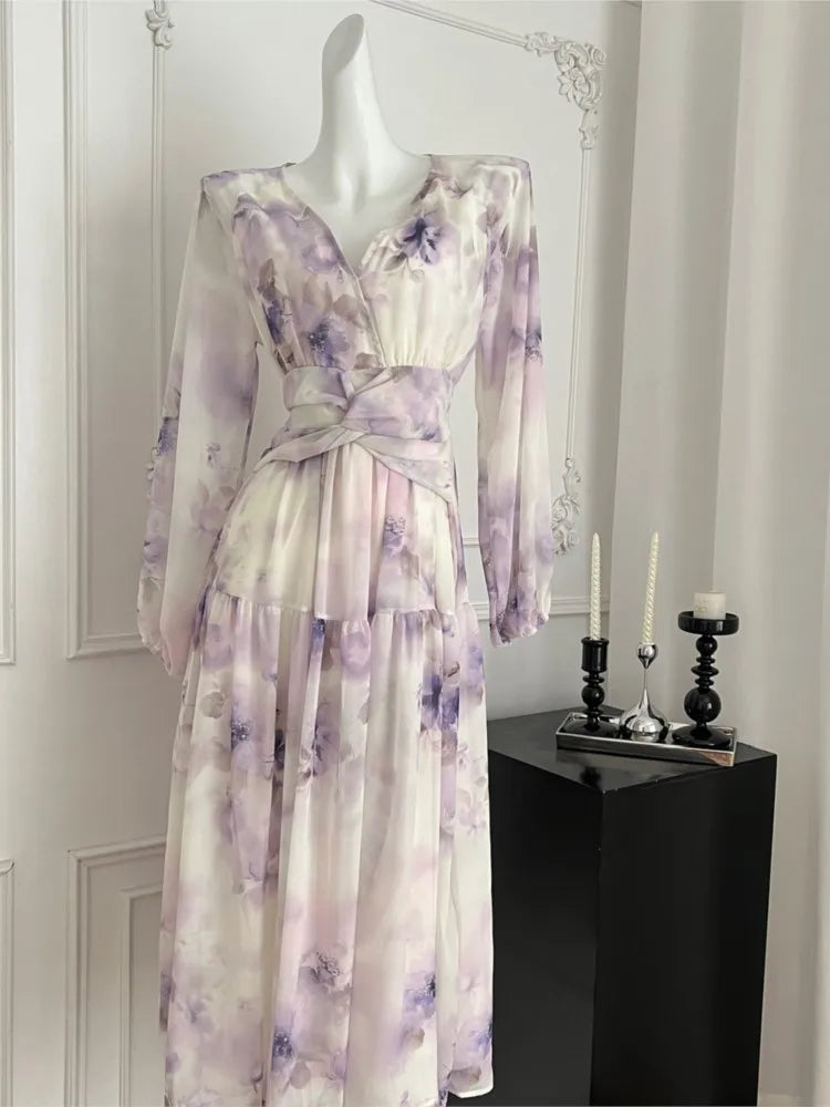 Elegant Print Purple Long Korean Prom Dresses For Women Summer Sea Beach Holiday Slim Waist V-Neck Fashion New Dress Basics voguable