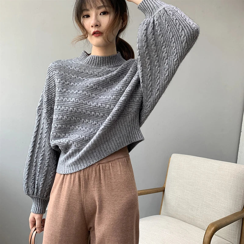 Fall Winter Thick Half Turtleneck Women Pullover Fashion Warm Lantern Sleeve Knitted Sweater Korean Loose Pure All-Match Jumper voguable