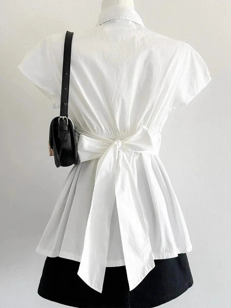 Elegant Bow Women Shirts Summer Short Sleeve White Preppy Style Blouse Tunic Bandage Simple Solid Korean Ladies Tops New voguable