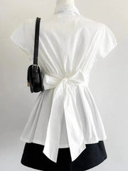 Elegant Bow Women Shirts Summer Short Sleeve White Preppy Style Blouse Tunic Bandage Simple Solid Korean Ladies Tops New voguable