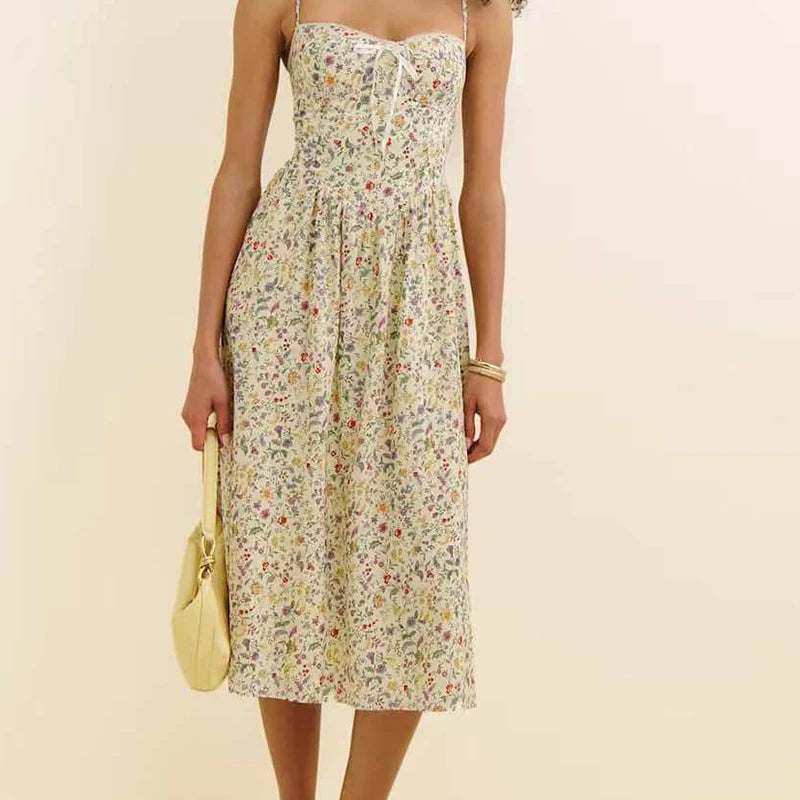 French Retro Floral Print Bow Sexy Spaghetti Straps Dress Women Elegant A-line Midi Casual Summer Dresses Holiday Robe voguable