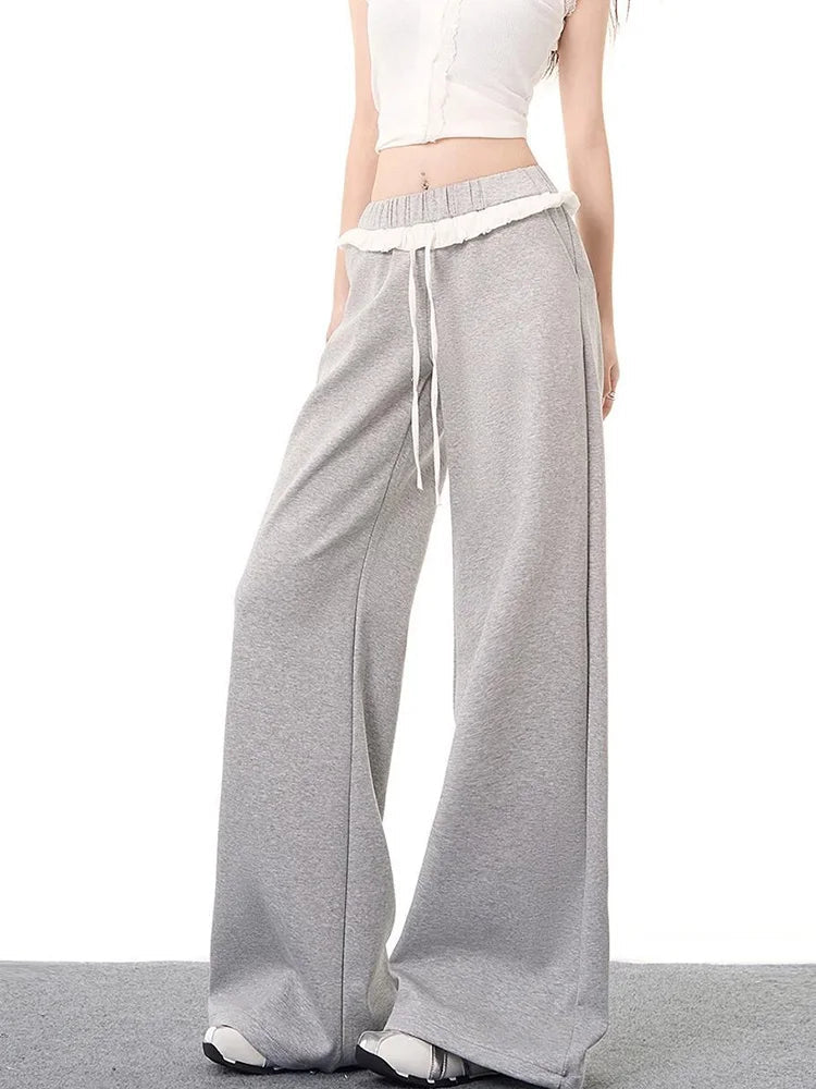 Elegant Vintage Gray Sweatpants Women High Waist Korean Sweet Wide Leg Pant Fall Retro Loose Ruffles Pockets Lady Trousers voguable