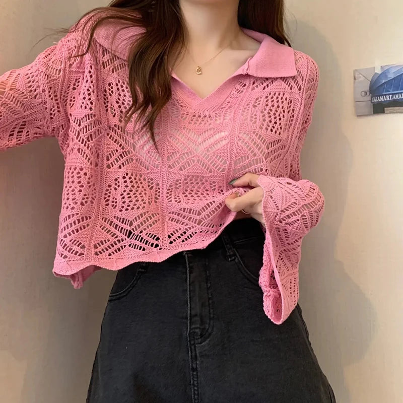 Sexy Hollow Out V Neck T Shirt Women Y2K Summer Thin Sweet Flare Sleeves Lapel Pullover Korean Solid All Match Loose Crop Tees voguable