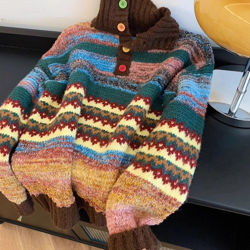 Vintage Print Harajuku Sweater Women Loose Fall Winter Sweet Knitted Jumper Casual Stand Collar Long Sleeve American Retro Tops voguable