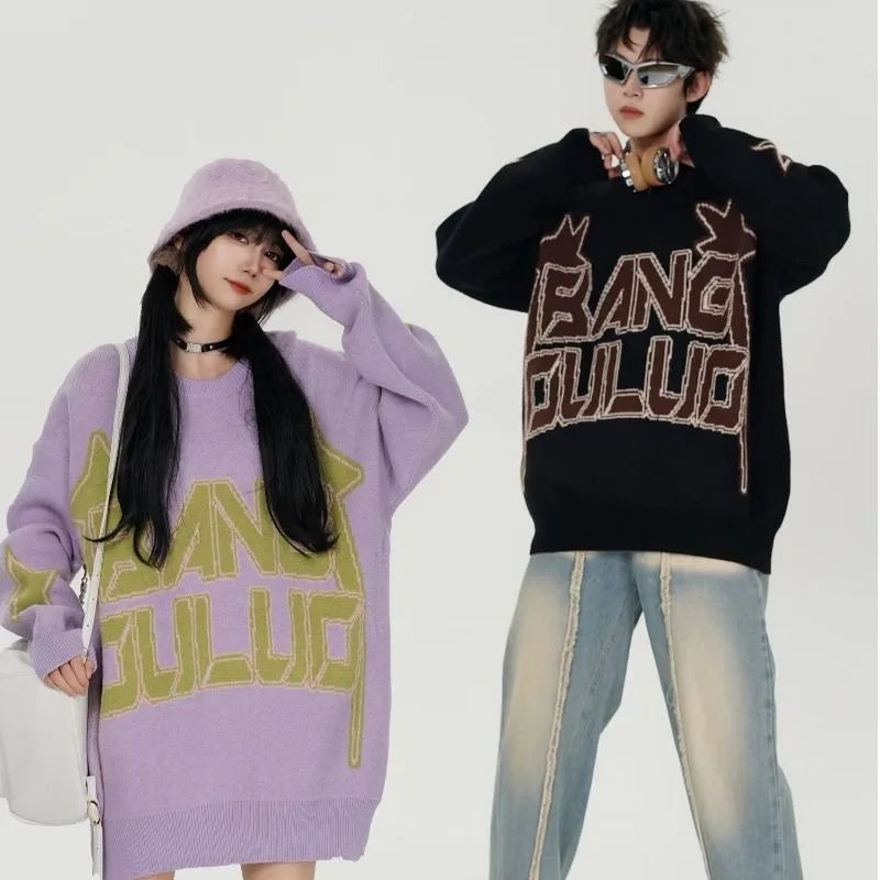 American High Street Star Pattern Letter Jacquard Round Neck Sweater For Men and Women Retro Loose Versatile Couple Knitted Tops