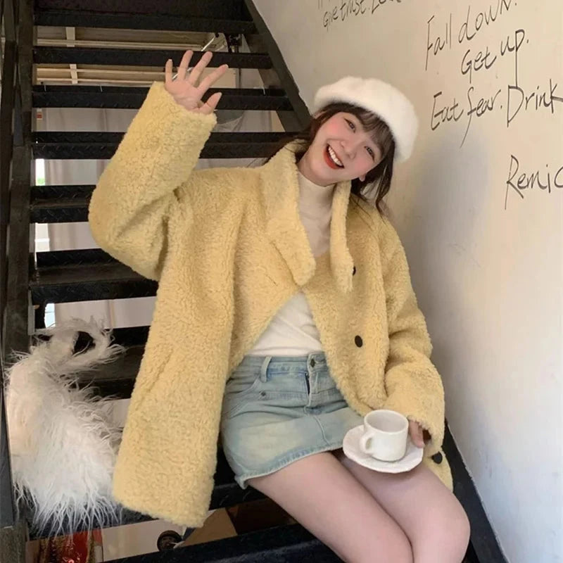 Japan Cute Faux Lamb Coat Women Loose Long Sleeve Winter Warm Retro Jacket Casual Stand Collar Preppy Style Pockets New Top voguable