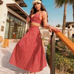 Stripe Bras And Pleat Skirt Sets Sexy Casual Boho Crop Top + Skirts Two Piece Set Vacation Woman Clothing 2025 New Summer Suit voguable