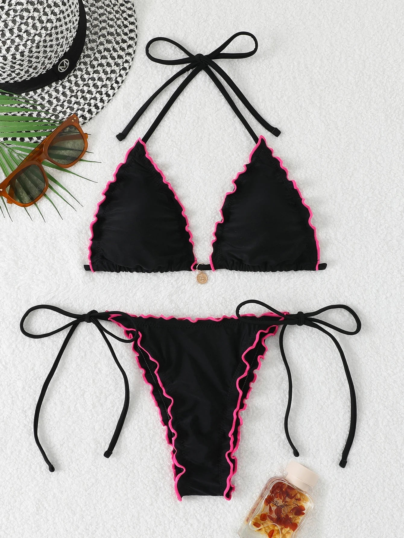 Voguable  Triangle Halter String Bikinis Women Sexy Ruffle Swimsuit Solid Cherry Swimwear Female Bathers Bathing Swimming Swim Suit voguable