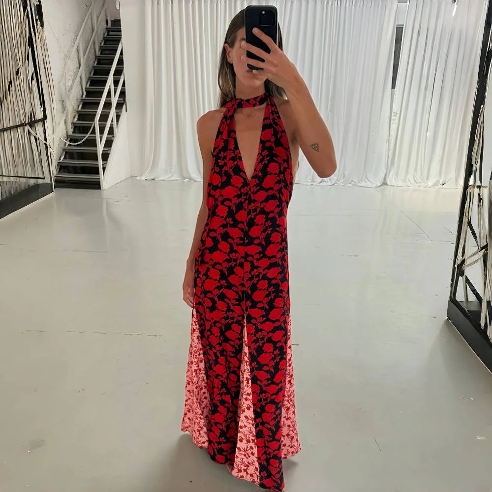 Voguable  Women's Floral Maxi Dress Halter Tie Deep V Polka Dot Sexy Backless Patchwork Contrast Slim A-Line Long Dress Partywear voguable