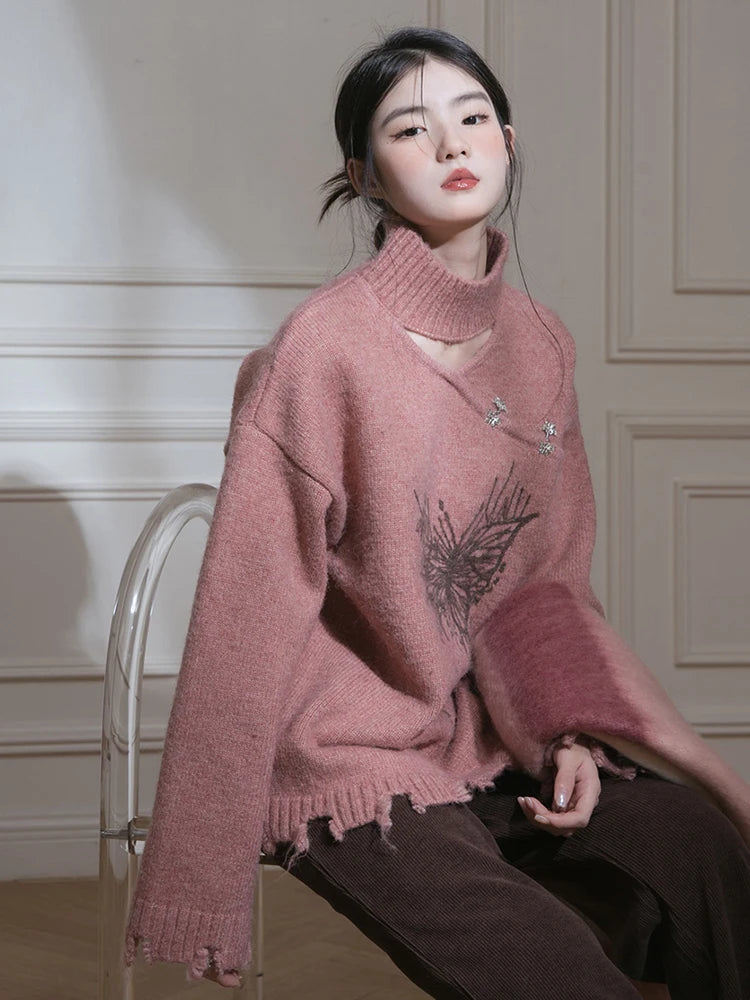 Hollow Out Hole Sweaters Women Vintage Bufferfly Print Lazy Wind Loose Knitted Jumper American Harajuku Y2K Retro Pullover New voguable