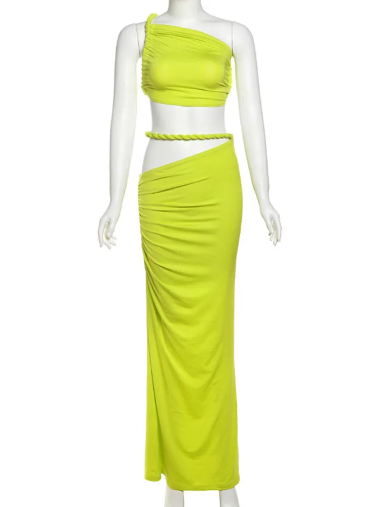 Green Sexy Two Piece Sets Women Oblique Shoulder Crop Tops And Maxi Skirt Female Thigh High Split Ruched Long Dress voguable